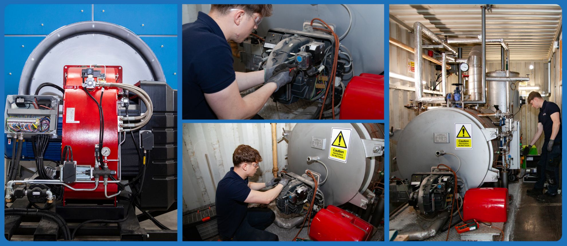 A young engineer servicing a red industrial burner